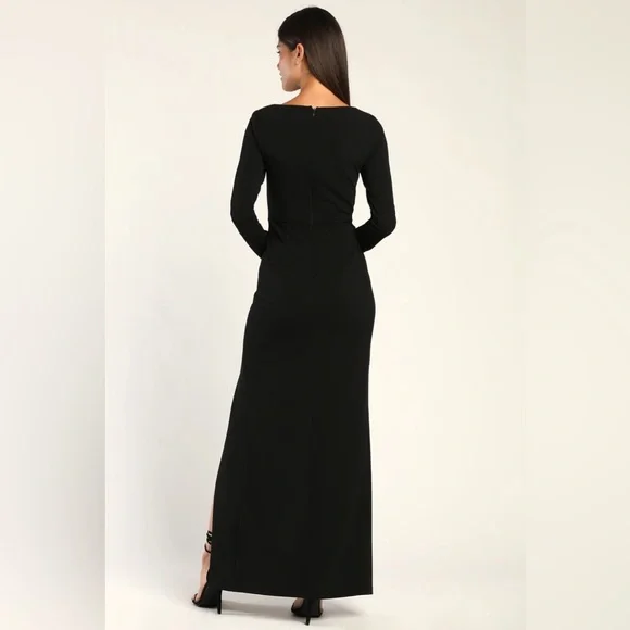blue dress for baby girl Black Stretch Crepe Long Sleeve Formal Dress